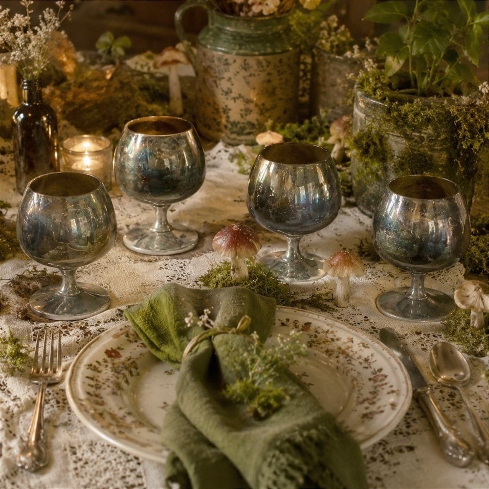 Vintage Sheridan Silver Brandy Cordials Set 4 Gold Wash Goblet Cottage‎ Ren MCM